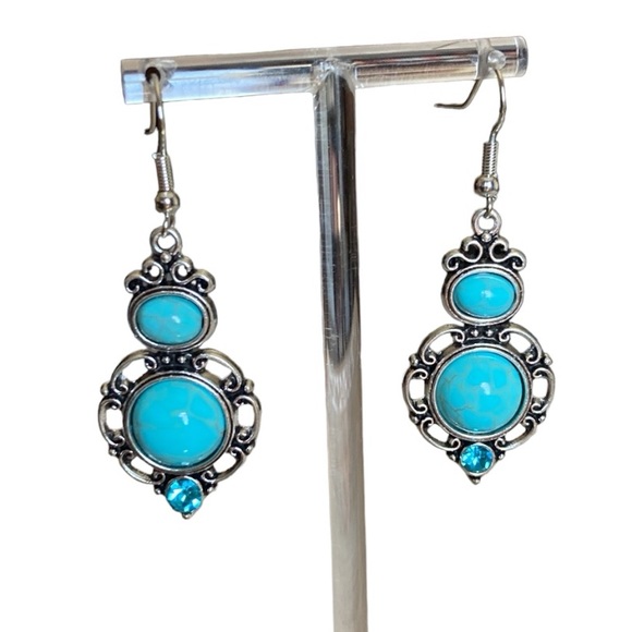 Vintage Boho Drop Dangle Earrings Ancient Silvery Style With Turquoise Stone - Picture 9 of 11